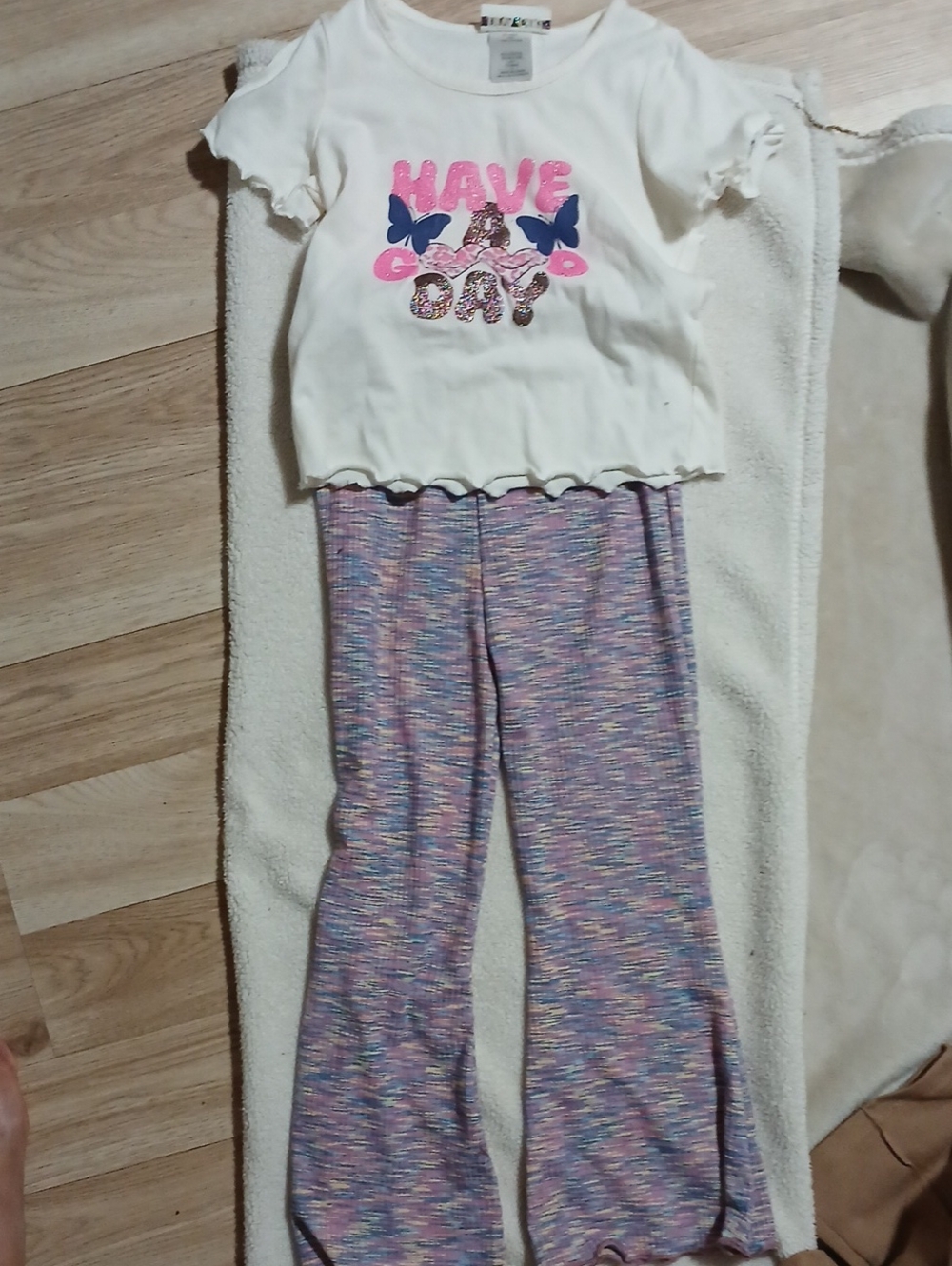Rare Editions Girls White Top with Pink & Blue Graphic and Multicolor Knit Pant